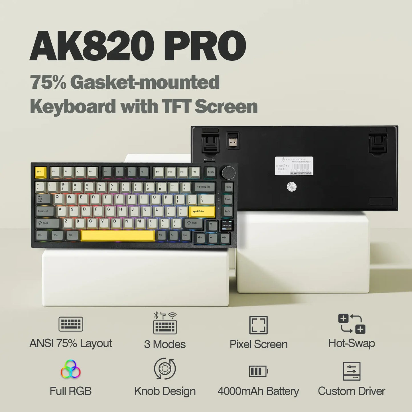 Ajazz AK820 Pro 75% Compact Mechanical Keyboard with TFT Screen and Wireless/Wired Connectivity Hot-Swappable Tri-Mode USB-C/BT 5.0/2.4Ghz Gaming South-Facing RGB Backlit Gaming Accessories Keyboards for Gaming Creamy Keyboard Tiktokshopstockup
