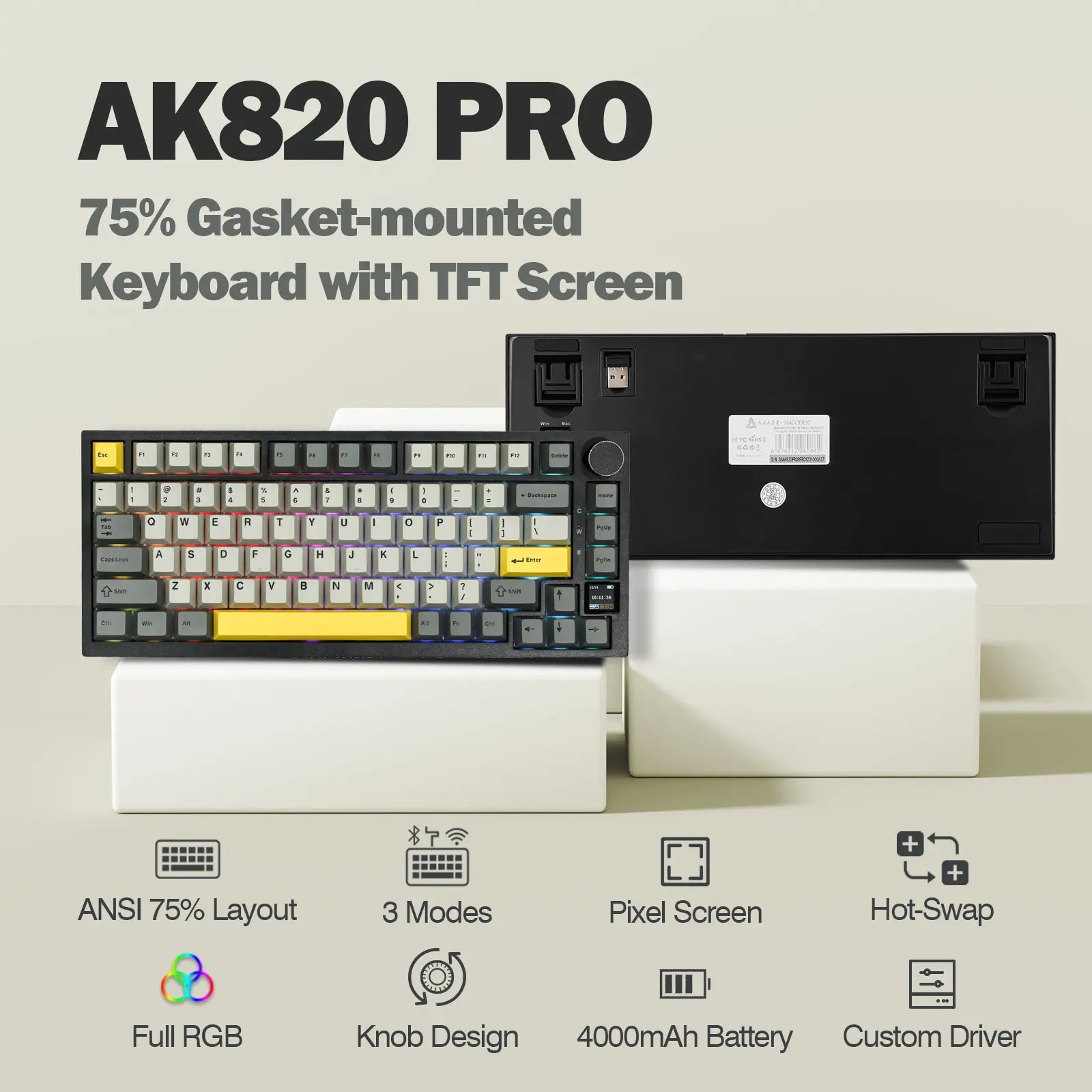 Ajazz AK820 Pro 75% Compact Mechanical Keyboard with TFT Screen and Wireless/Wired Connectivity Hot-Swappable Tri-Mode USB-C/BT 5.0/2.4Ghz Gaming South-Facing RGB Backlit Gaming Accessories Keyboards for Gaming Creamy Keyboard Tiktokshopstockup