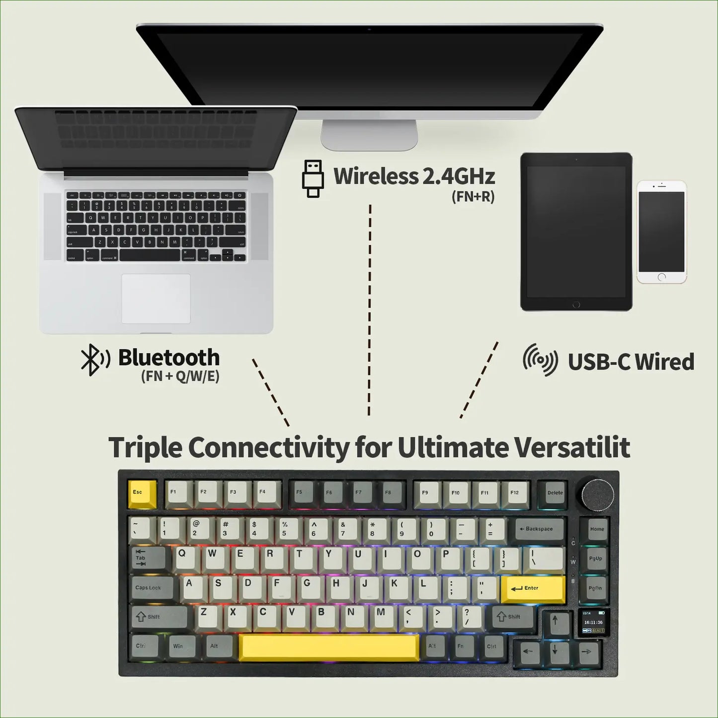 Ajazz AK820 Pro 75% Compact Mechanical Keyboard with TFT Screen and Wireless/Wired Connectivity Hot-Swappable Tri-Mode USB-C/BT 5.0/2.4Ghz Gaming South-Facing RGB Backlit Gaming Accessories Keyboards for Gaming Creamy Keyboard Tiktokshopstockup