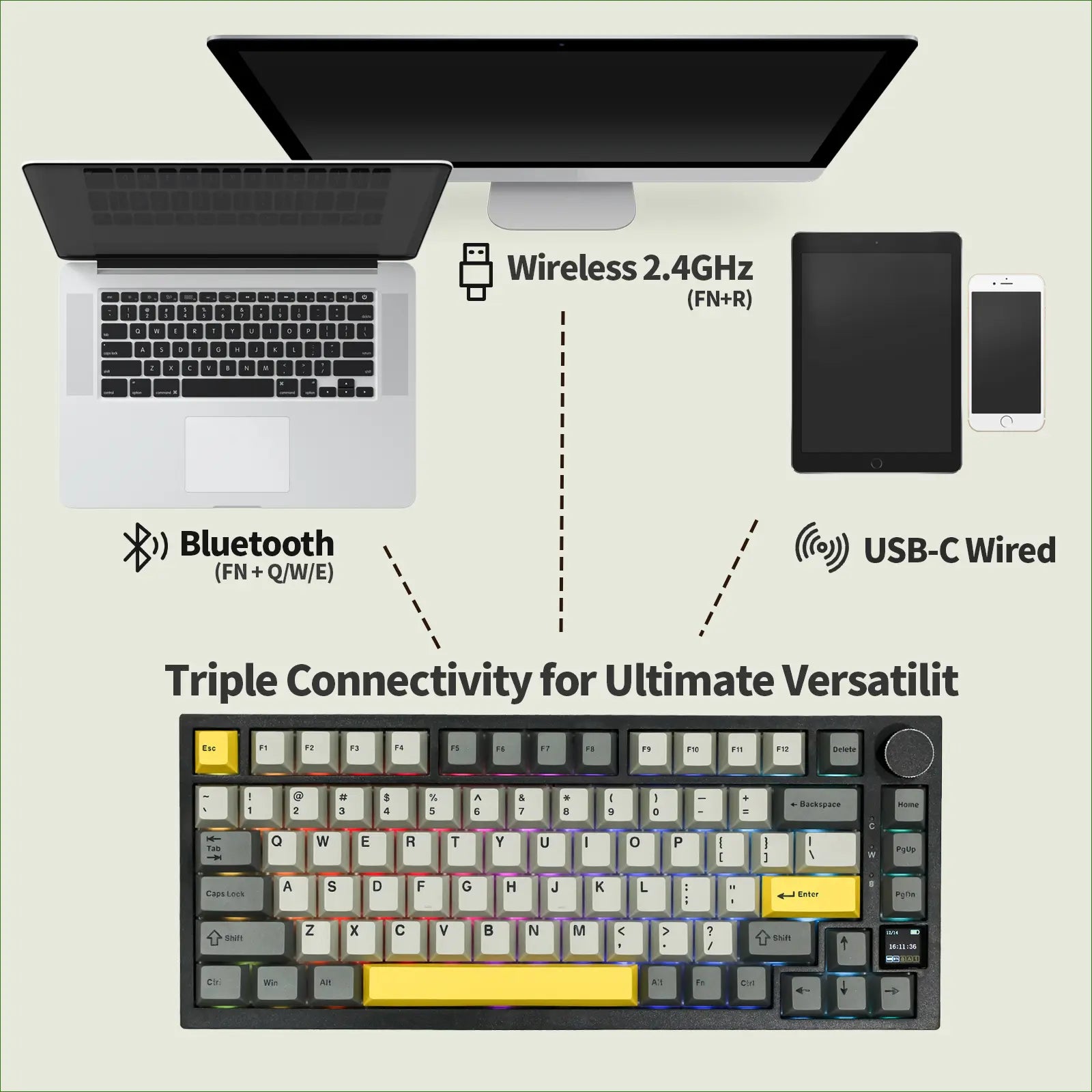 Ajazz AK820 Pro 75% Compact Mechanical Keyboard with TFT Screen and Wireless/Wired Connectivity Hot-Swappable Tri-Mode USB-C/BT 5.0/2.4Ghz Gaming South-Facing RGB Backlit Gaming Accessories Keyboards for Gaming Creamy Keyboard Tiktokshopstockup