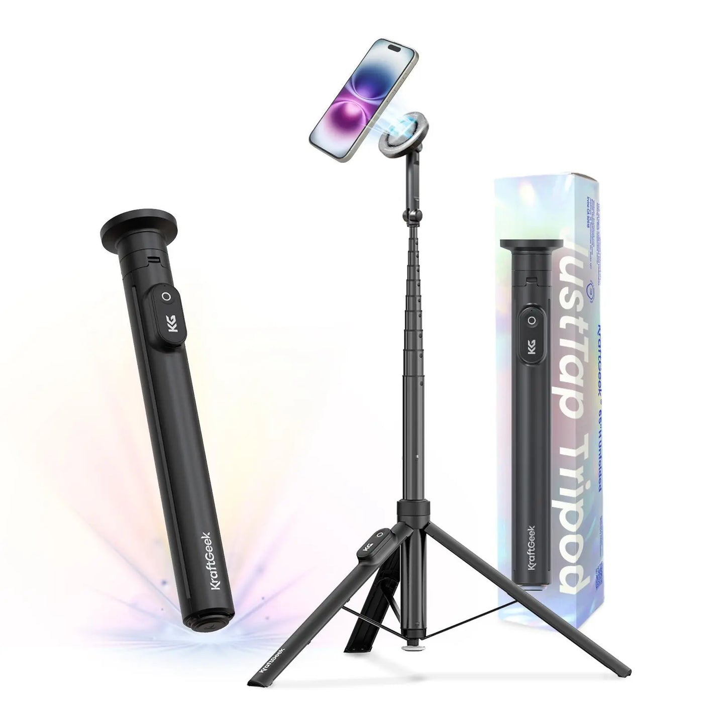 Kraftgeek Justtap Magnetic/Clamp Head 66" Selfie Stick Tripod for Iphone & Android Phones, Compatible with Magsafe, Fits Iphone 12/13/14/15/16/17 Series & Ipad, Magsafe Case & Other Phones with Metal Ring, with Rechargeable Wireless Remote
