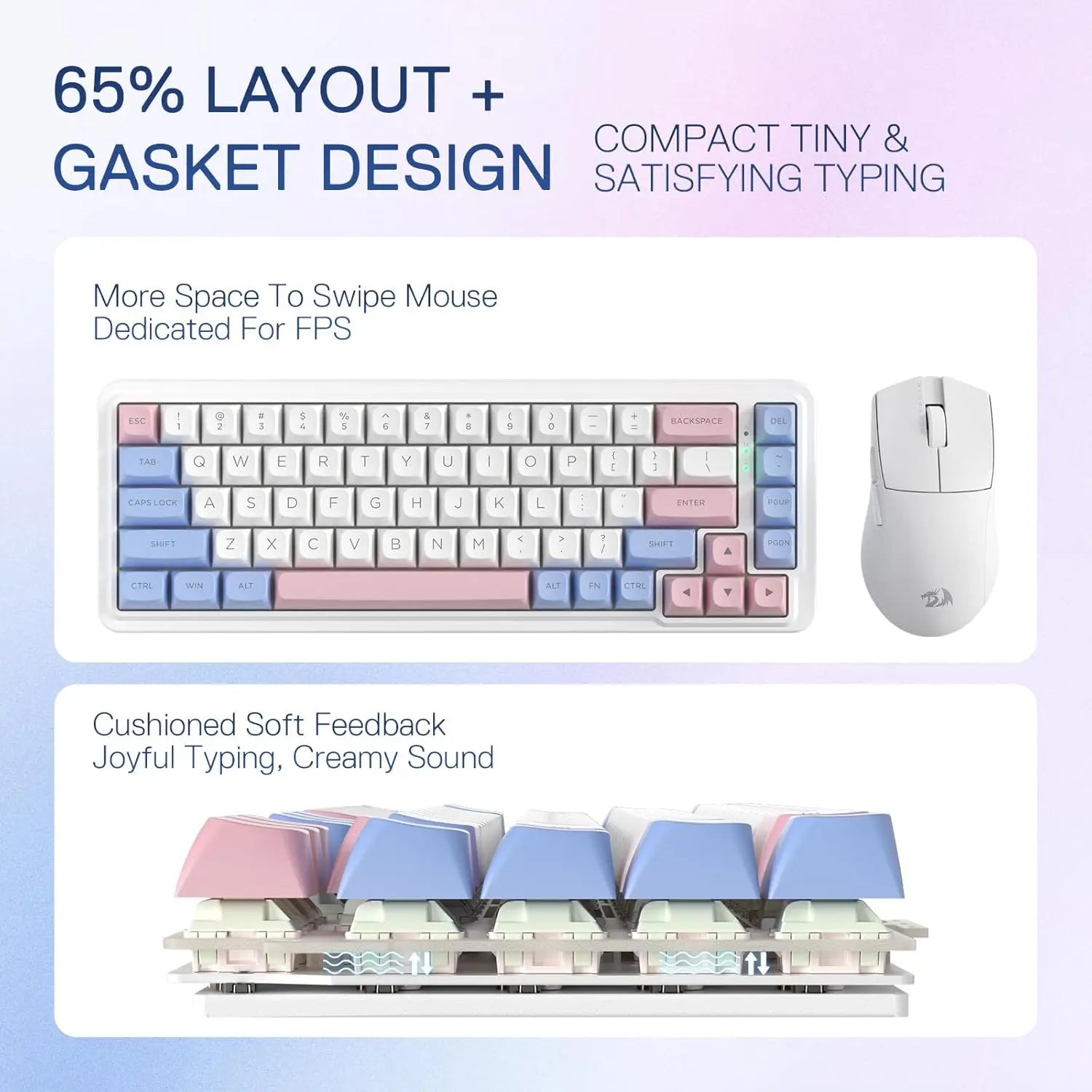 Redragon K709 PRO 65% Wireless Gasket RGB Gaming Keyboard, 68 Keys Hot-Swap Compact Mechanical Keyboard W/Free-Mod Socket, 5-Layer Noise Dampening & round PBT Keycaps, Quiet Custom Linear Switch