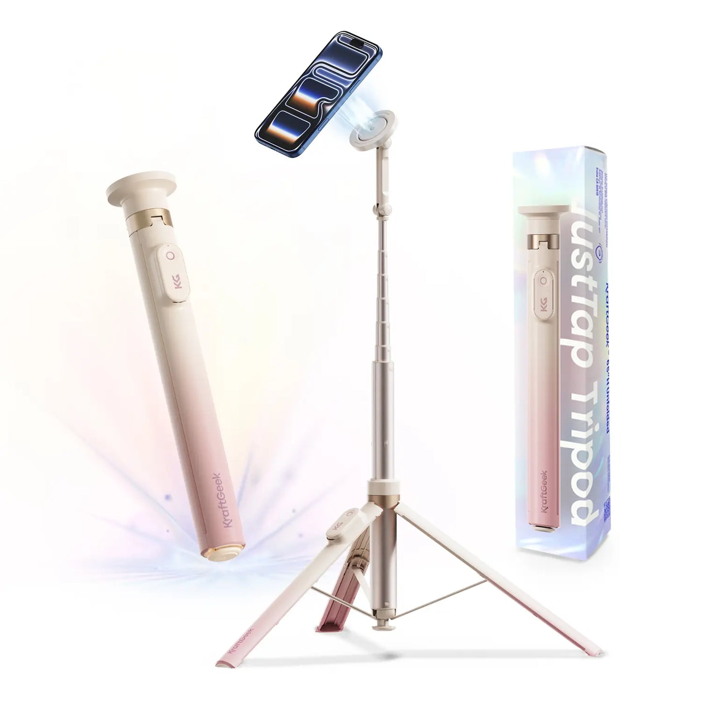 Kraftgeek Justtap Magnetic/Clamp Head 66" Selfie Stick Tripod for Iphone & Android Phones, Compatible with Magsafe, Fits Iphone 12/13/14/15/16/17 Series & Ipad, Magsafe Case & Other Phones with Metal Ring, with Rechargeable Wireless Remote