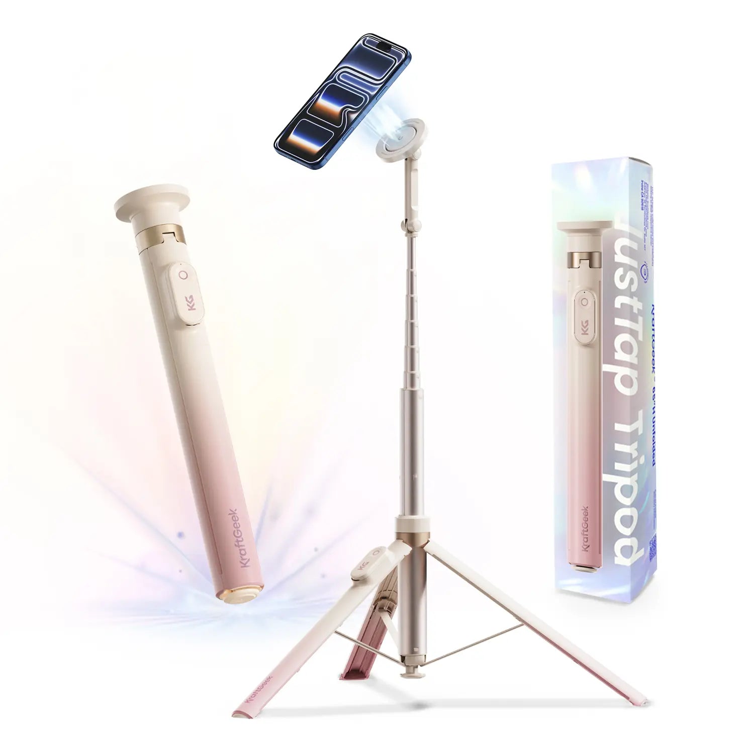 Kraftgeek Justtap Magnetic/Clamp Head 66" Selfie Stick Tripod for Iphone & Android Phones, Compatible with Magsafe, Fits Iphone 12/13/14/15/16/17 Series & Ipad, Magsafe Case & Other Phones with Metal Ring, with Rechargeable Wireless Remote