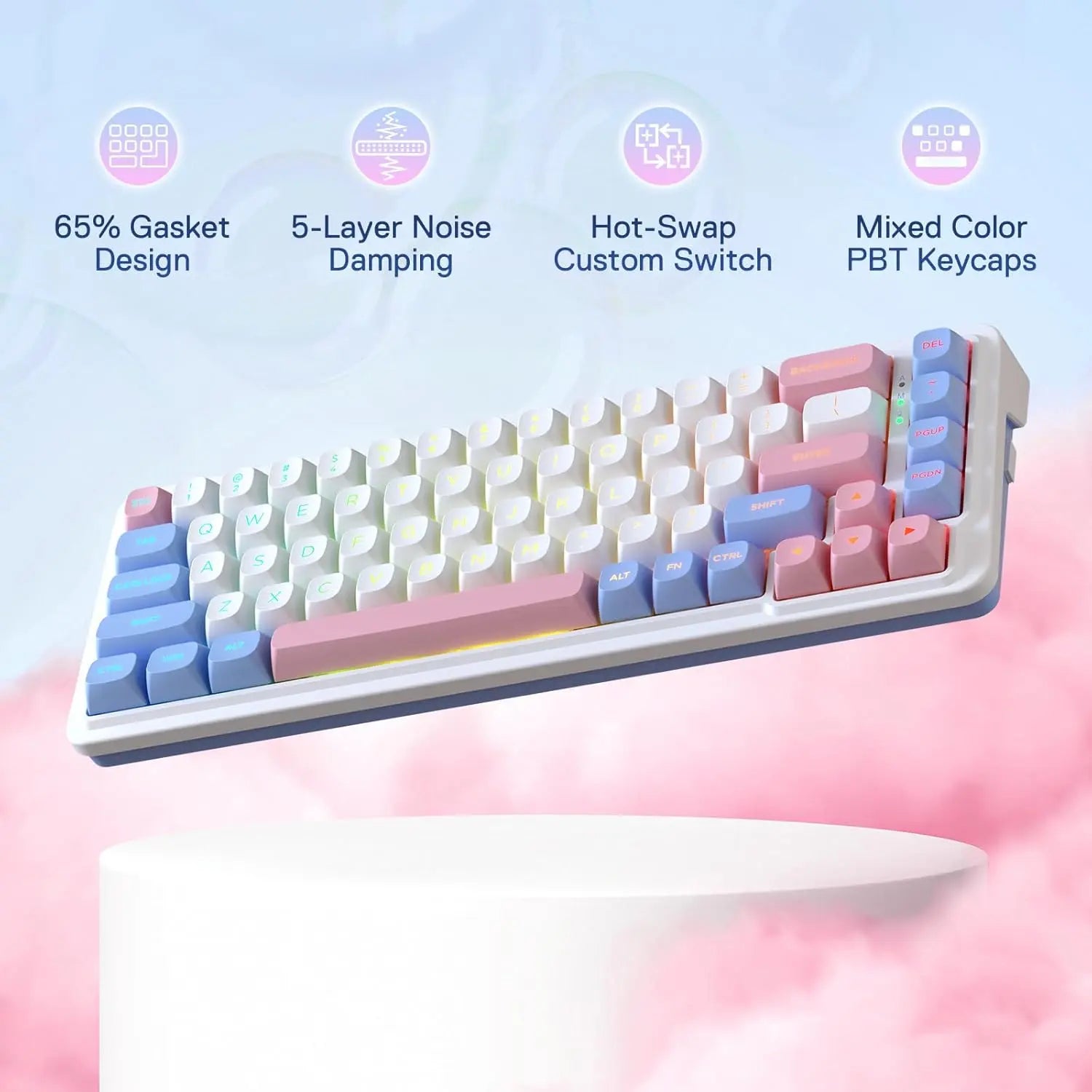 Redragon K709 PRO 65% Wireless Gasket RGB Gaming Keyboard, 68 Keys Hot-Swap Compact Mechanical Keyboard W/Free-Mod Socket, 5-Layer Noise Dampening & round PBT Keycaps, Quiet Custom Linear Switch