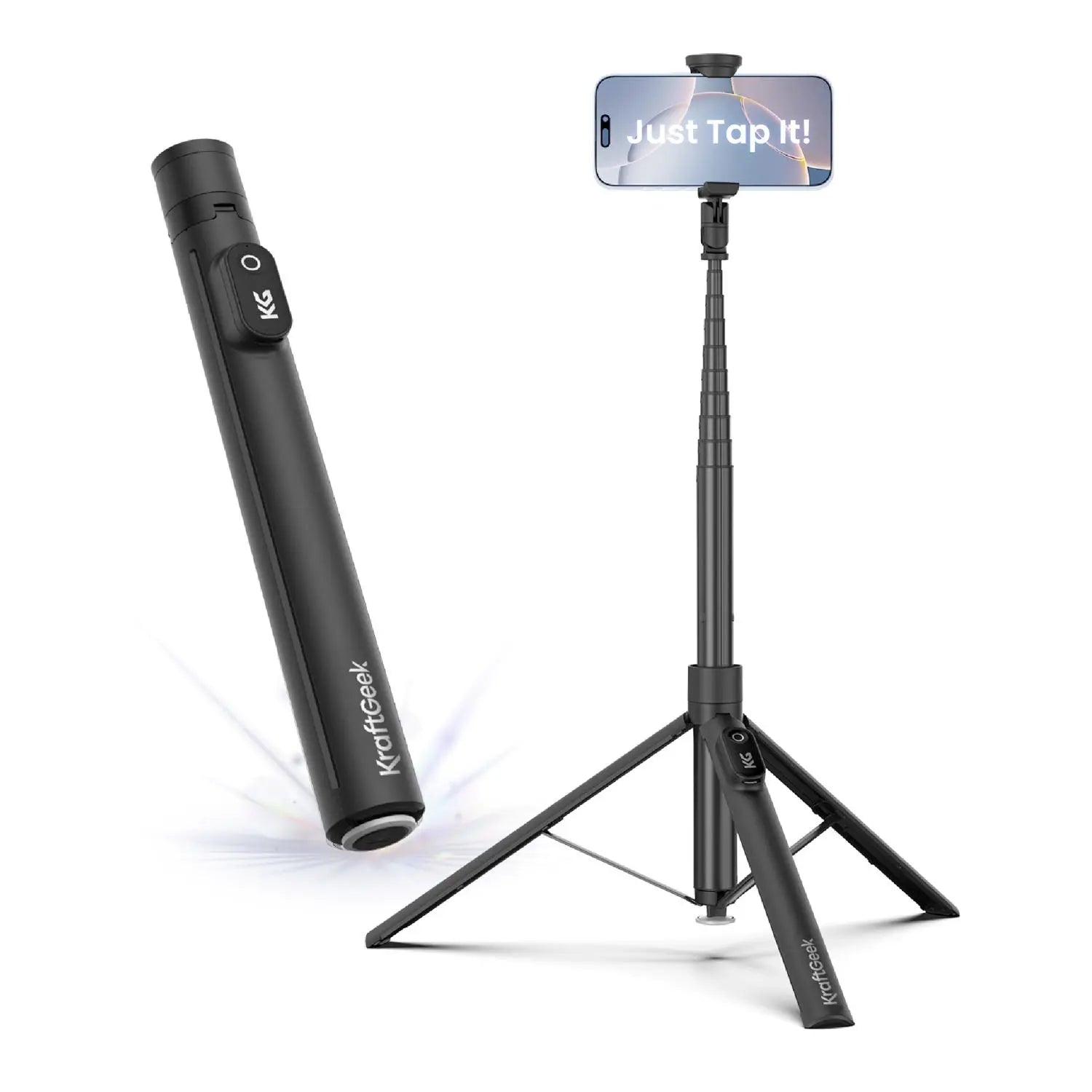 Kraftgeek Justtap Magnetic/Clamp Head 66" Selfie Stick Tripod for Iphone & Android Phones, Compatible with Magsafe, Fits Iphone 12/13/14/15/16/17 Series & Ipad, Magsafe Case & Other Phones with Metal Ring, with Rechargeable Wireless Remote